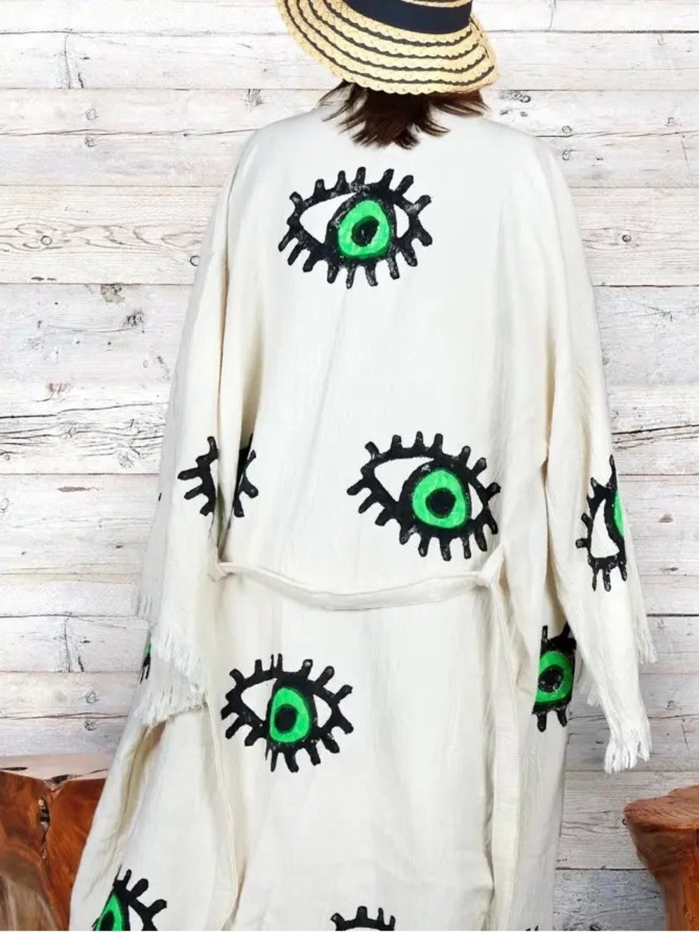 Karli Burton Cream Eye-Print Fringe Duster/Robe - NWT